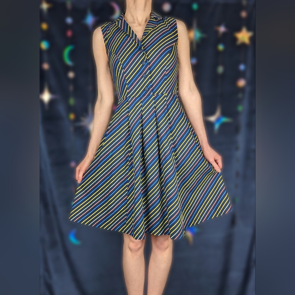 Modcloth Rainbow Striped Blue Cotton Sleeveless Knee-Length Shirtdress